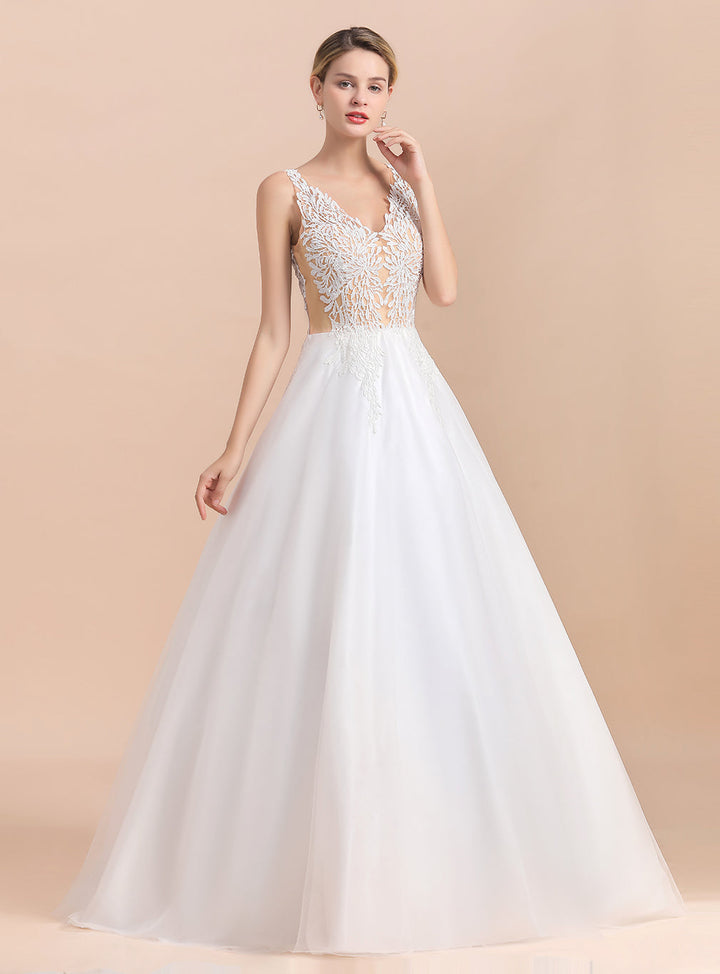 A-Line V-Neck Spaghetti Straps Sleeveless Lace Dress-koscy