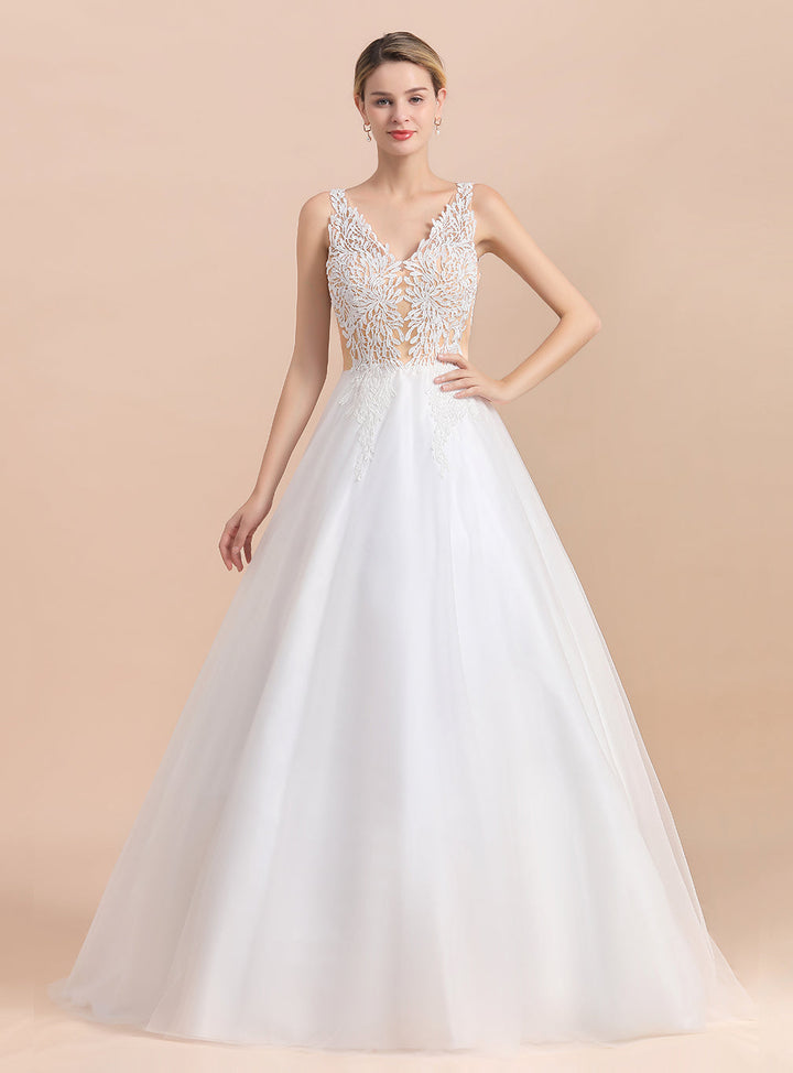 A-Line V-Neck Spaghetti Straps Sleeveless Lace Dress-koscy