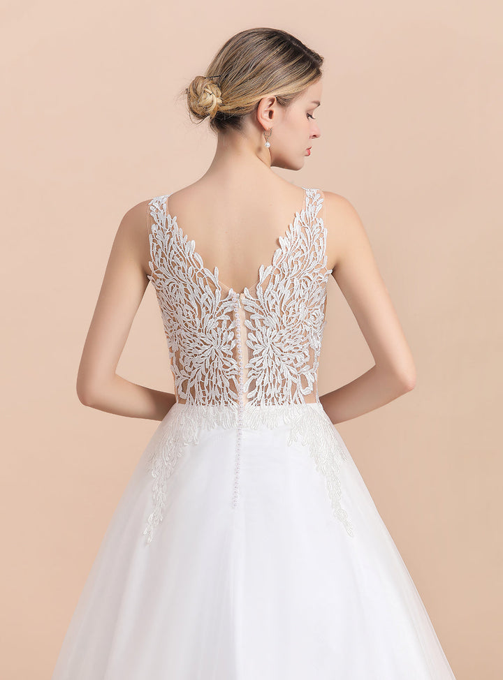 A-Line V-Neck Spaghetti Straps Sleeveless Lace Dress-koscy