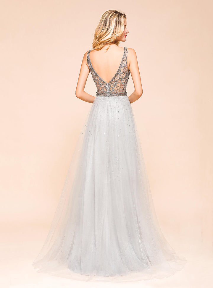 A-Line V-Neck Spaghetti Straps Tulle Floor-Length Dress-koscy