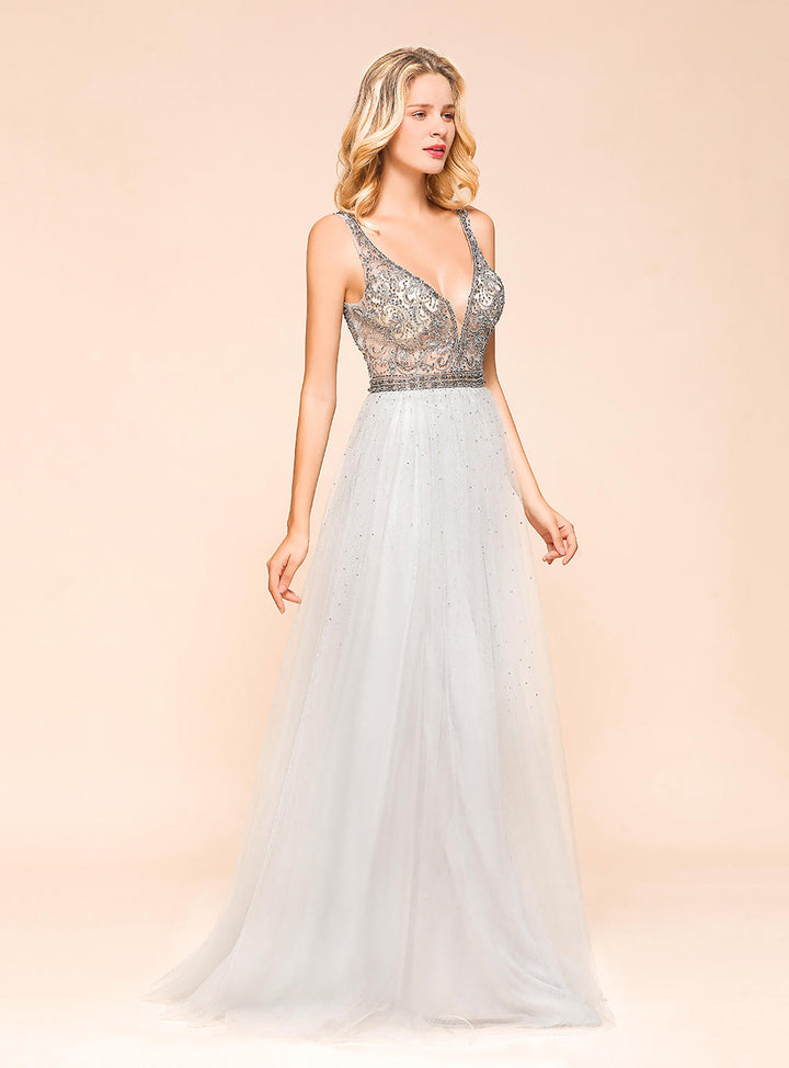 A-Line V-Neck Spaghetti Straps Tulle Floor-Length Dress-koscy