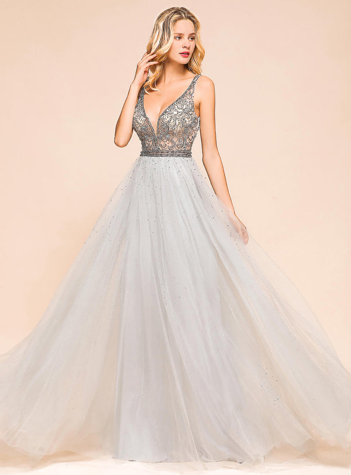 A-Line V-Neck Spaghetti Straps Tulle Floor-Length Dress-koscy