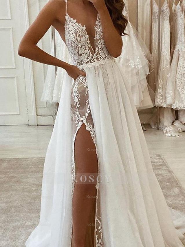knee length dresses for ladies A-Line Wedding Gown with V Neck Spaghetti Strap Sweep Train Tulle Poly