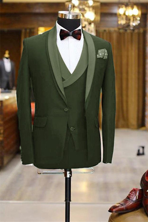 Koscy Green Shawl Slim Fit Prom Suit - Olive Lapel, 3 Pieces Tuxedo