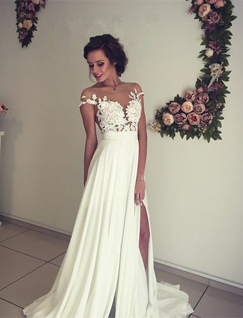 Bmbride A-Line Chiffon Wedding Dress With Lace Ruffles And Side Slit
