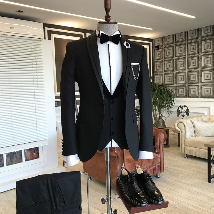 Koscy Earl Black Shawl Lapel 3-Piece Wedding Suit for Stylish Bridegrooms