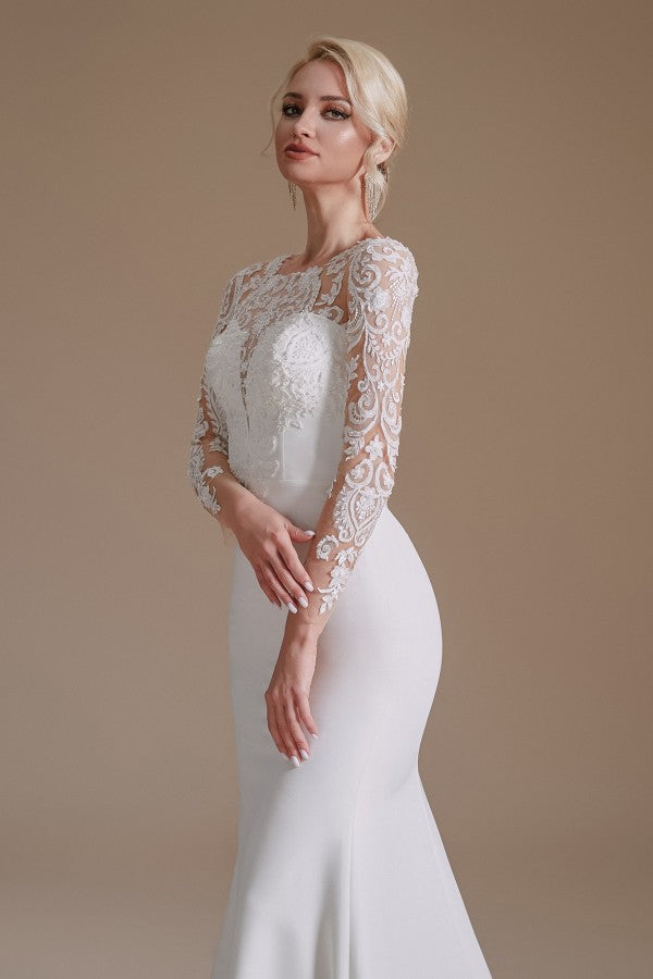 Bmbride Long Elegant Mermaid Wedding Dress with Jewel Satin Lace Sleeves
