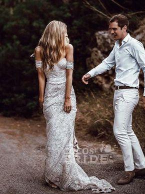 Bmbride Ivory Lace Beach Wedding Dresses Sweetheart Neck Rustic Boho Wedding Dresses