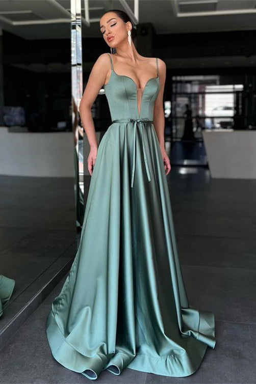 Sage Spaghetti-Straps Long Prom Dress A Line With Belt
