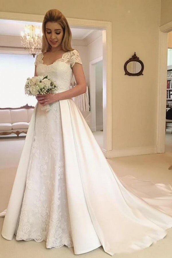 Bmbride Elegant Long A-line Satin Brush train Wedding Dress with Sleeves