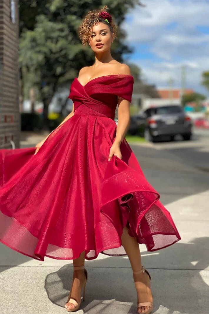 Off The Shoulder Short Evening Dress A Line in Burgundy