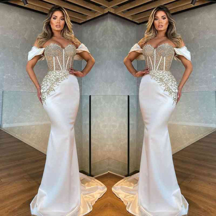 Off-The-Shoulder Appliques Long Mermaid Prom Dress in Stunning White