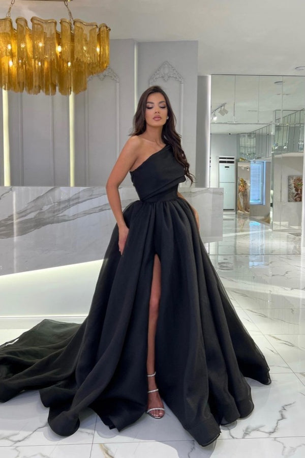 One Shoulder Black A Line Prom Dress with Long Split Sleeveless