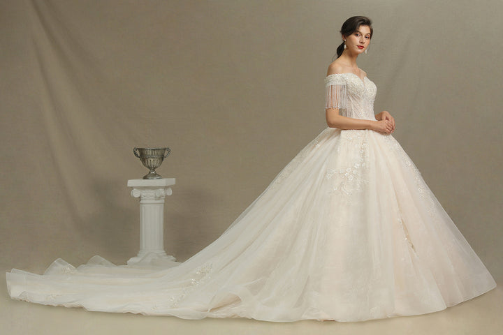 Bmbride CPH224 Off-the-shoulder Tassel Ball Gown Wedding Dress with Appliques and Beads