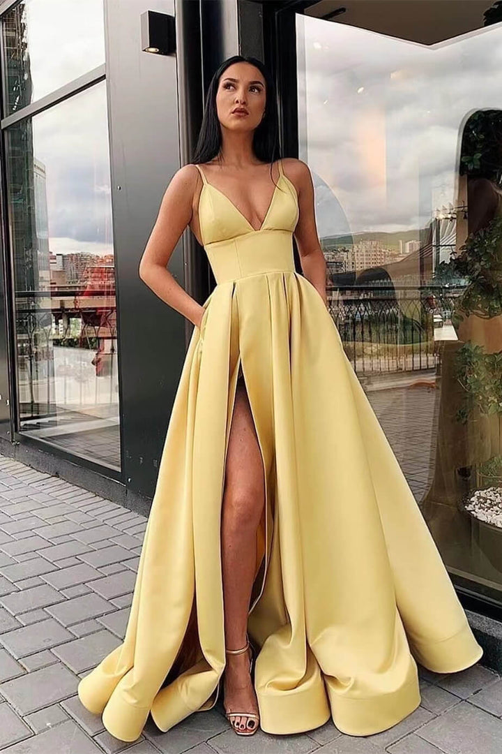 Elegant Spaghetti-Straps A-Line Evening Dress With Split Pockets
