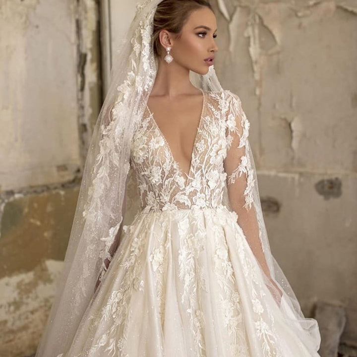 Bmbride Elegant Deep V-neck Long Sleeve Appliques Lace Ruffles Tulle A-Line Floor-length Bridal Gown