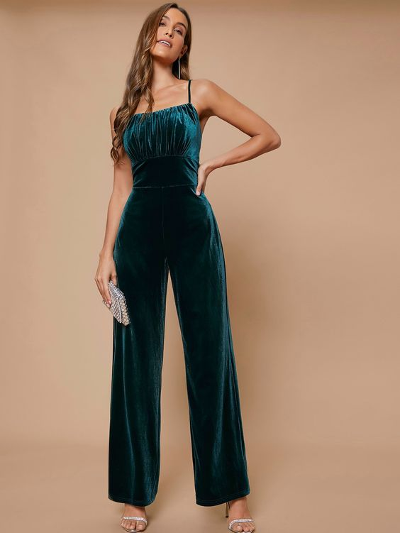 Koscy Attractive Dark Green Sleeveless Spaghetti Strap Long Jump Suit