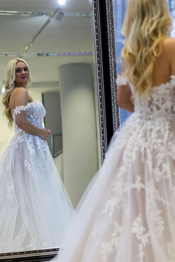 Bmbride Modern Long A-line Off the Shoulder Tulle Lace Wedding Dress with Slit