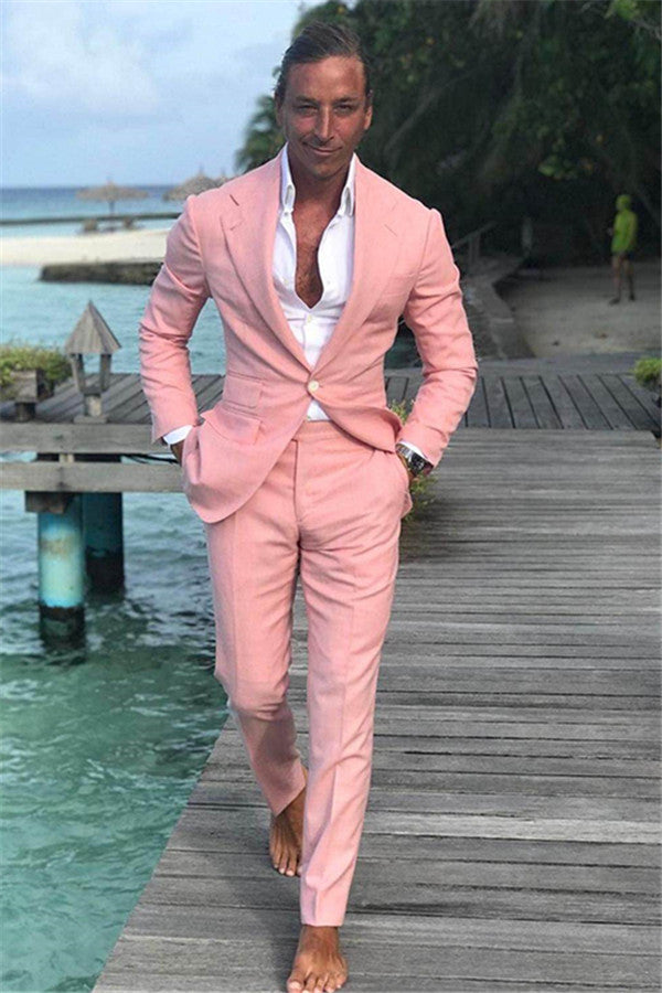 Koscy Pink Linen Formal Slim Fit Prom Tuxedo for Men - Notched Lapel