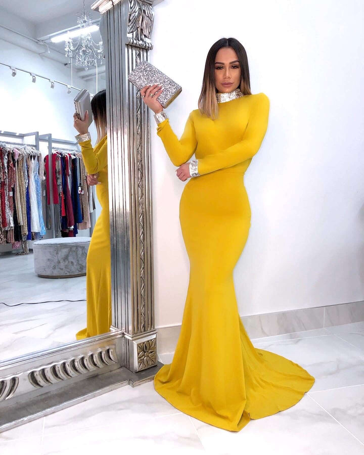 Red Long Sleeve Open Back Mermaid Prom Dress