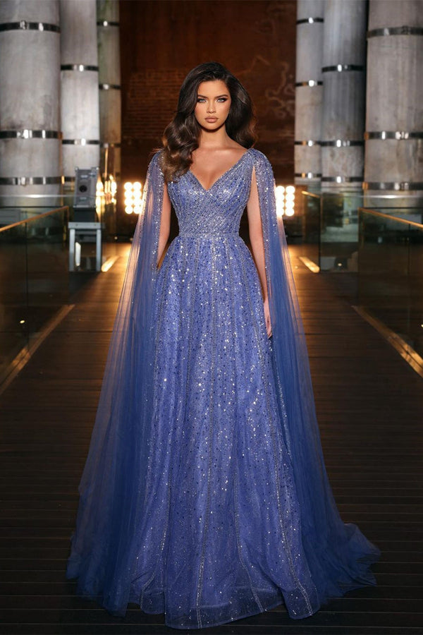 Lavender V Neck Evening Dress with Wide Straps and Sequins
