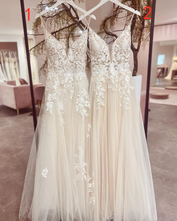 Bmbride Elegant Spaghetti Straps V-neck A-Line Tulle Bridal Gown Featuring Appliques Lace