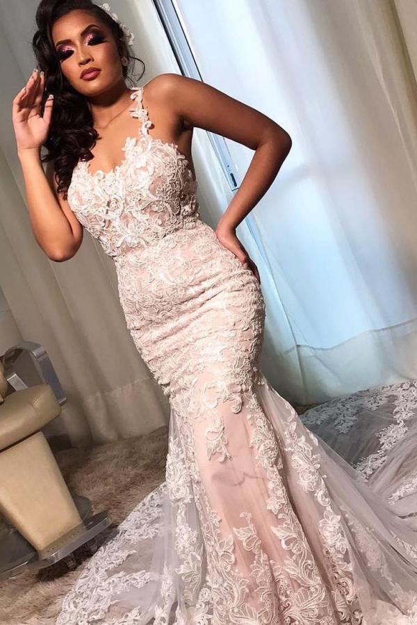 Bmbride Elegant Long Mermaid Spaghetti Straps Open Back Lace Bridal Gown
