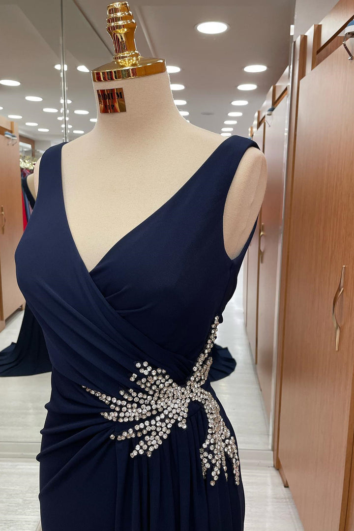 Dark Navy Straps V-Neck Pleated Prom Dress With Rhinestone - Beautiful