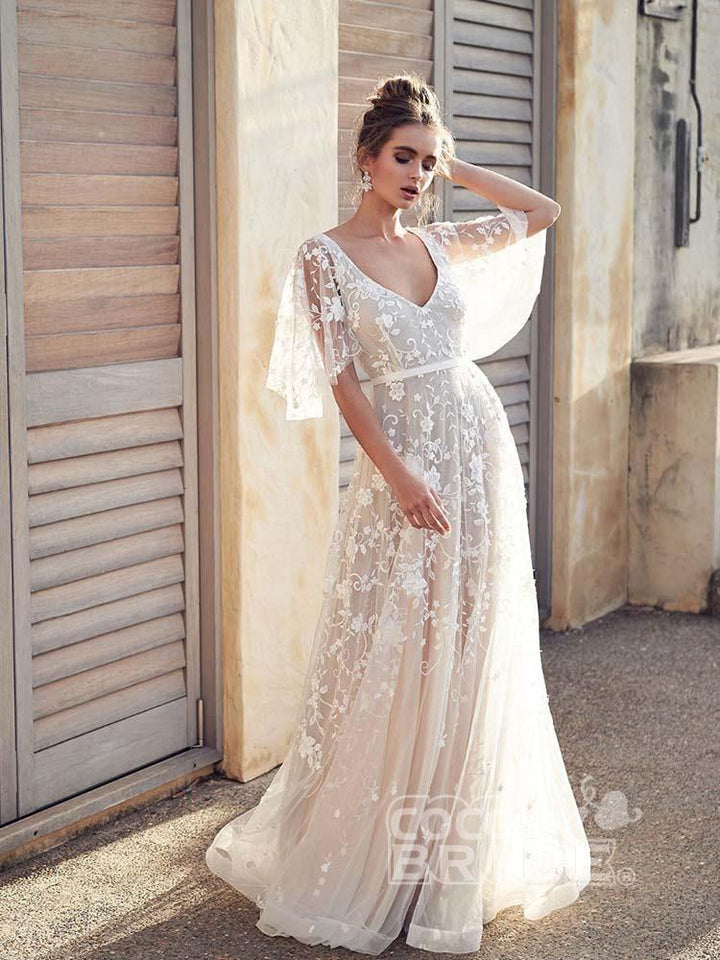 Bmbride Affordable V-Neck Half Sleeve Lace Boho Wedding Dresses