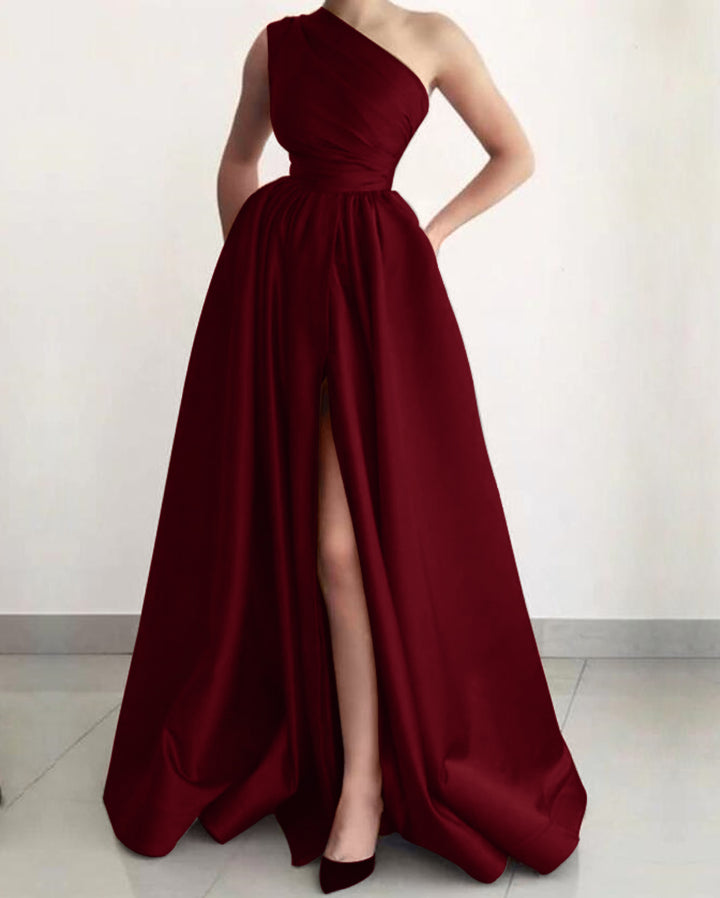 Elegant Prom Dress Burnt Orange One Shoulder A Line Split With Pockets