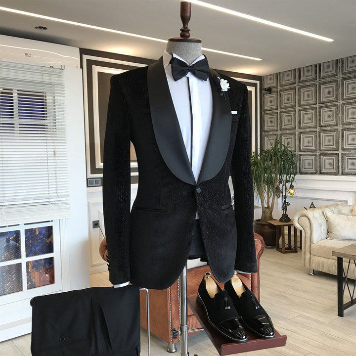 Koscy Gentle Black Shawl Lapel Wedding Suit with One Button and Easy Fit