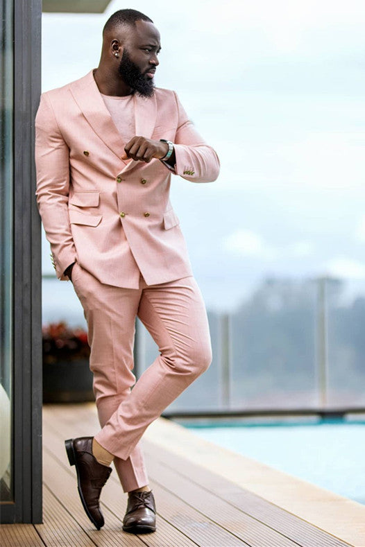 Koscy Fashionable Pink Double-Breasted Prince Suit for Groom with Peaked Lapel