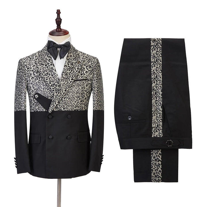 Koscy Stylish Black Leopard Print Double-Breasted Outfit for Men