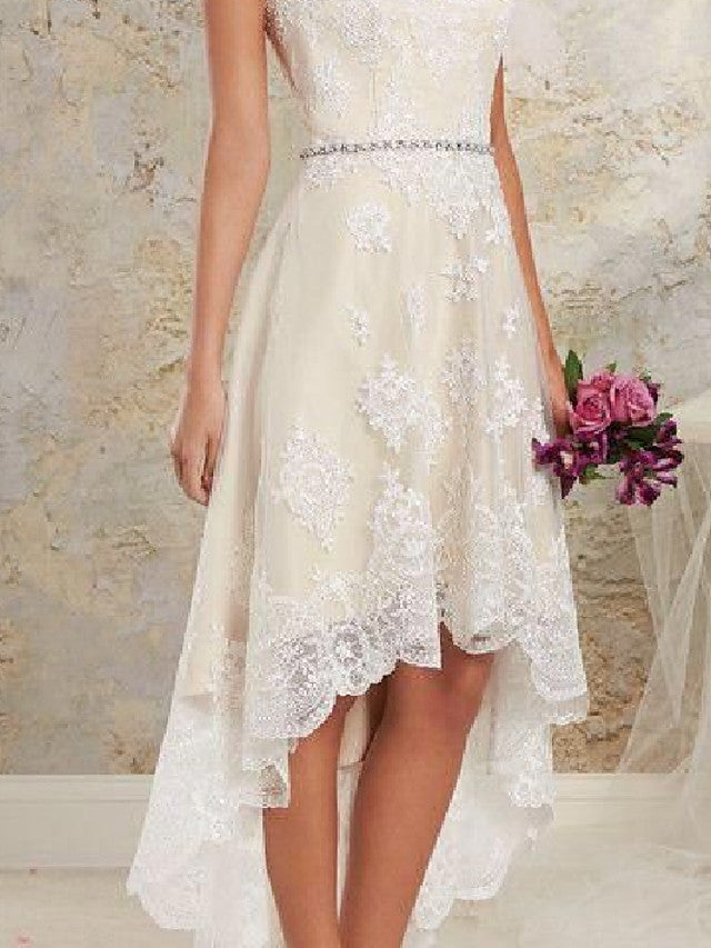 Bmbride Plus Size A-Line Wedding Dress with Spaghetti Straps and Asymmetrical Lace Tulle Design