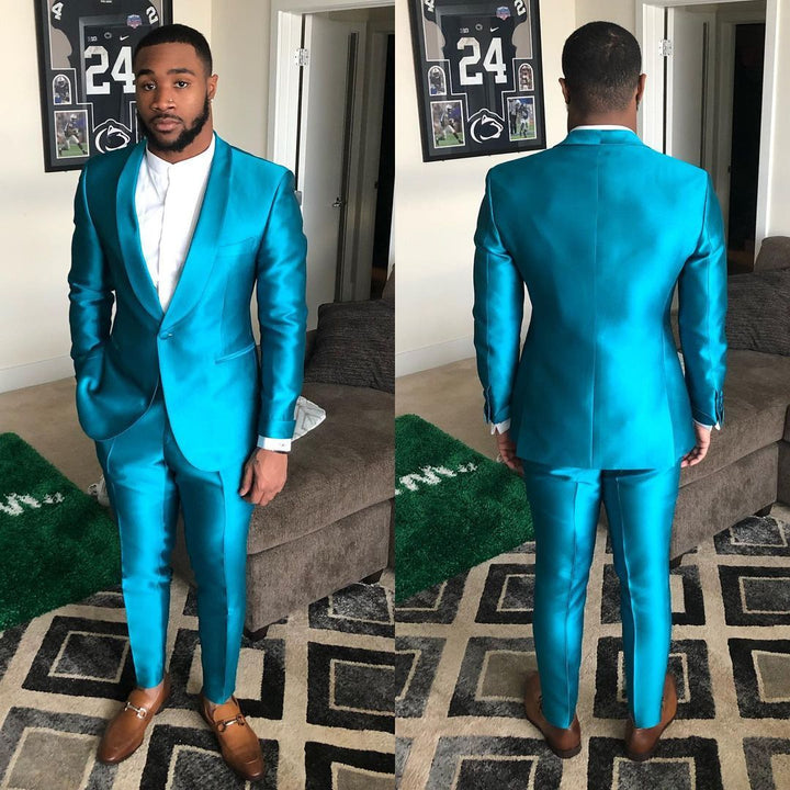 Koscy New Sparkly Blue One-Button Reception Suit for Groom with Shawl Lapel