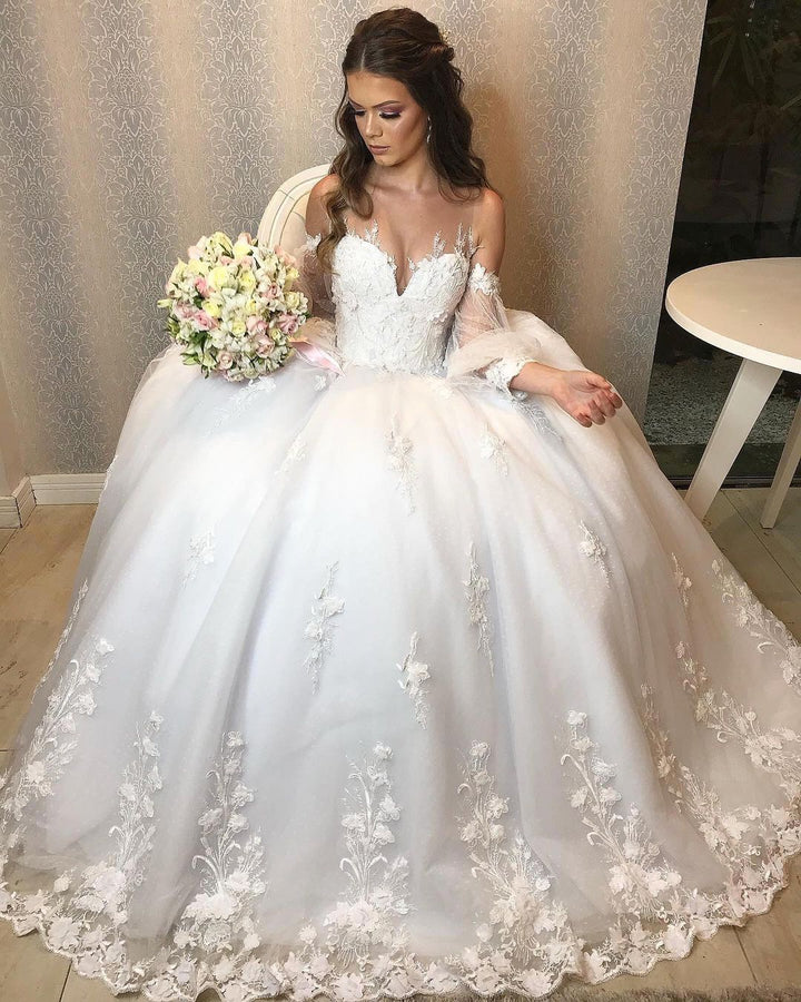 Bmbride Long Elegant Princess Off-the-Shoulder Tulle Wedding Dress with Bubble Sleeves