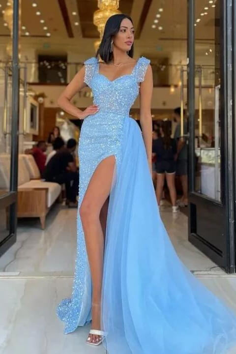 Sky Blue Sequins Mermaid Evening Dress with Sweetheart Straps and Detachable Ruffles
