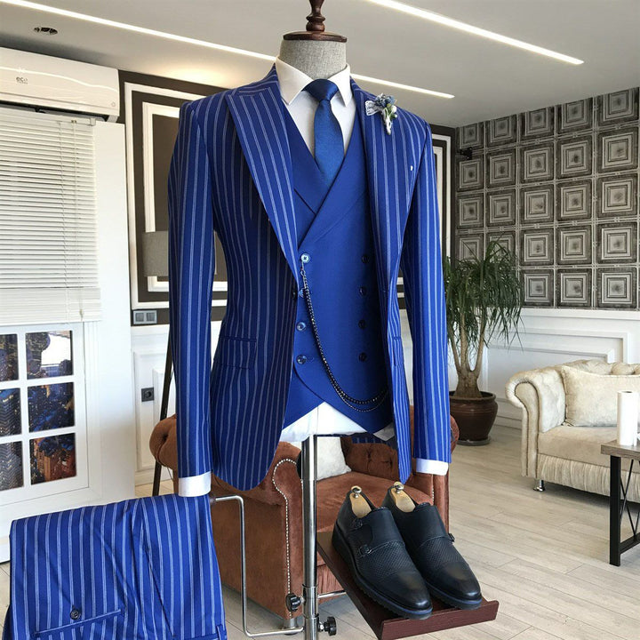 Koscy Gentle Blue Three-Piece Bespoke Suit with Peaked Lapel and Stripes