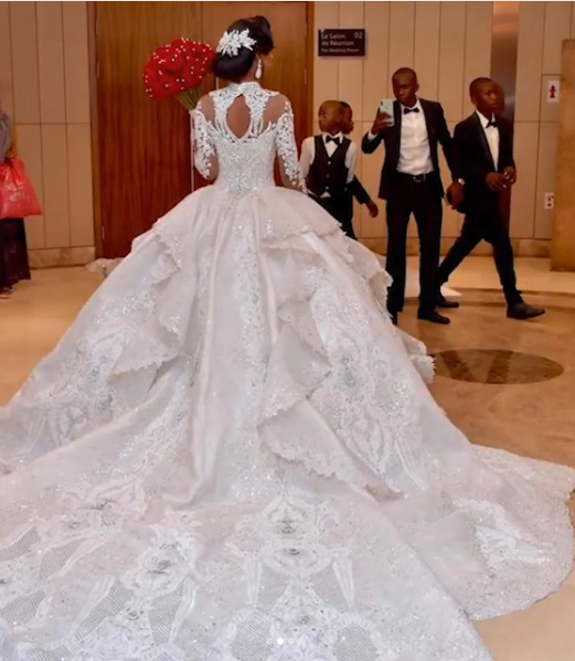 Bmbride Sparkle Applique Satin Ball Gown Wedding Dress with High Neck and Long Sleeves