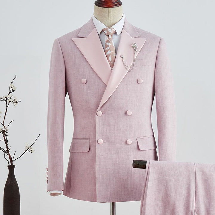 Koscy Simple Double-Breasted Pink Marriage Suit with Plaid and Peaked Lapel