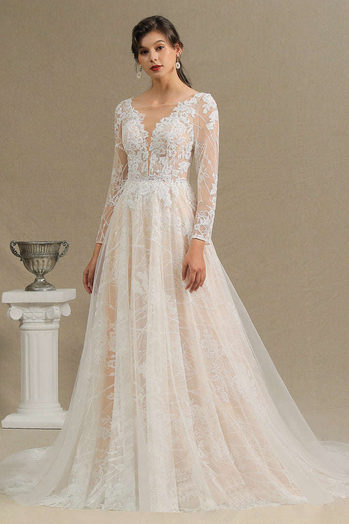 Bmbride Sheer Tulle Long Sleeve A-line Illusion Lace Wedding Dress - CPH230