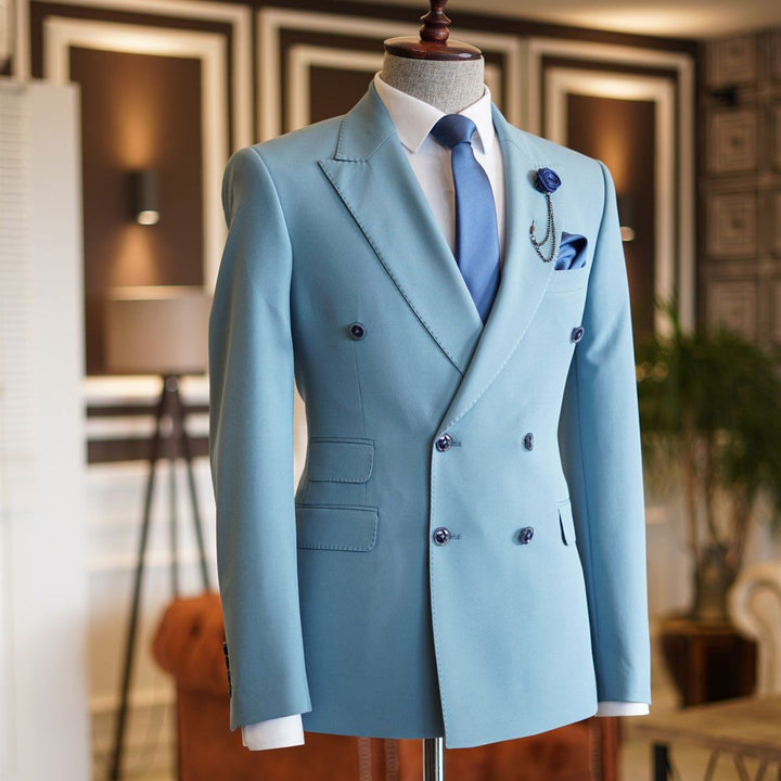 Koscy Stylish Sky Blue Double-Breasted Groom Suit with Peaked Lapel