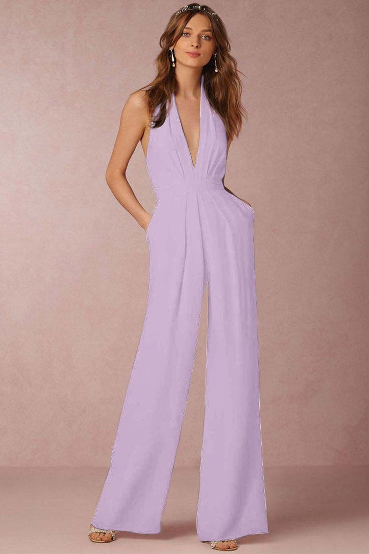 Koscy Casual Black Deep V-Neck Halter Long Daily Jump Suit