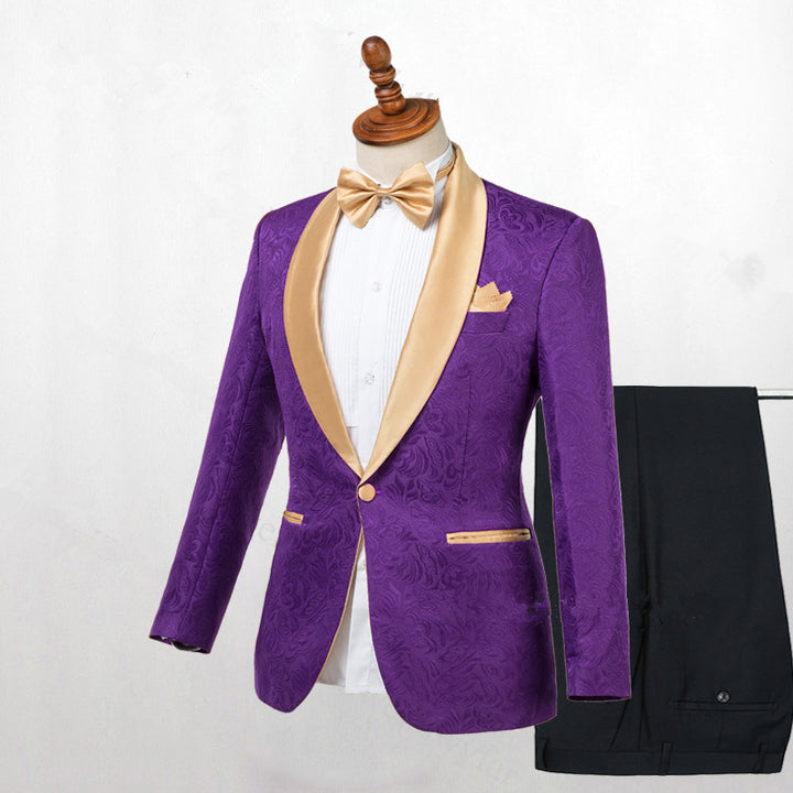 Koscy Newest Gold Lapel Groomsmen Tuxedo in Purple with One Button