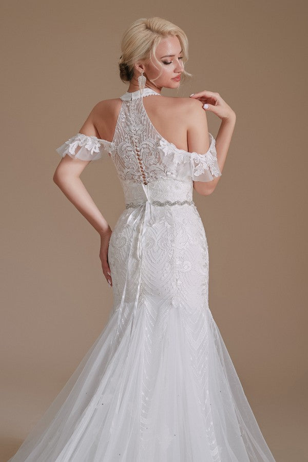 Bmbride Long Elegant Mermaid Halter Tulle Wedding Dress with Floor-Length and Appliques Lace