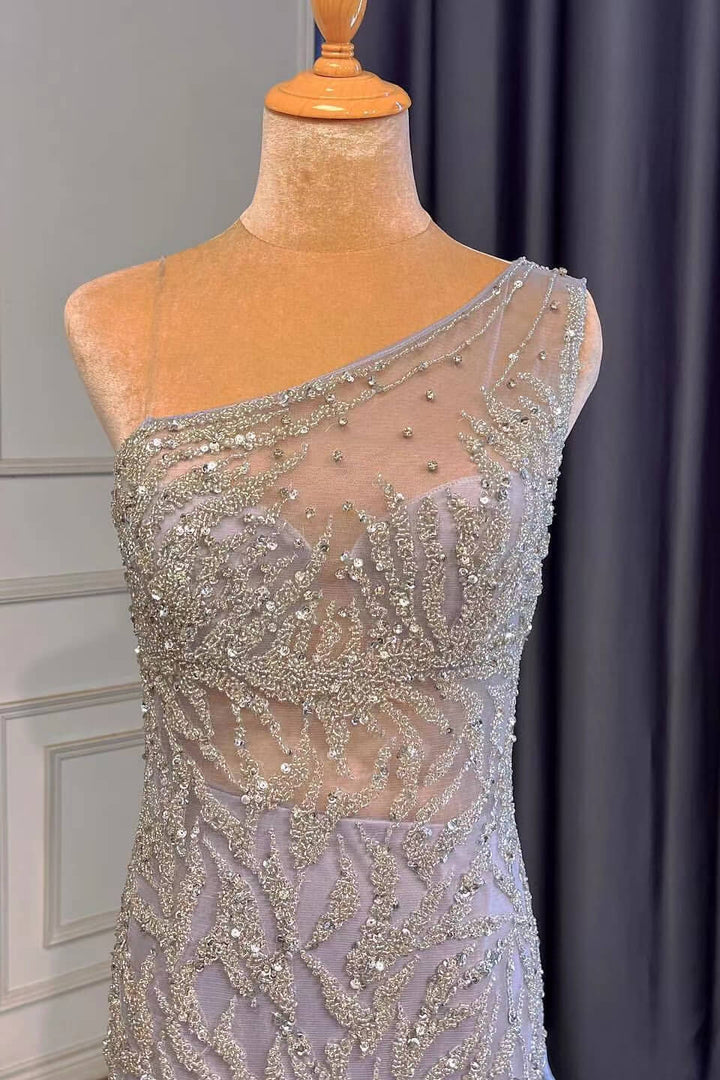 Light Purple Front Split Mermaid Beads One-Shoulder Prom Dress With Long Ruffles Appliques