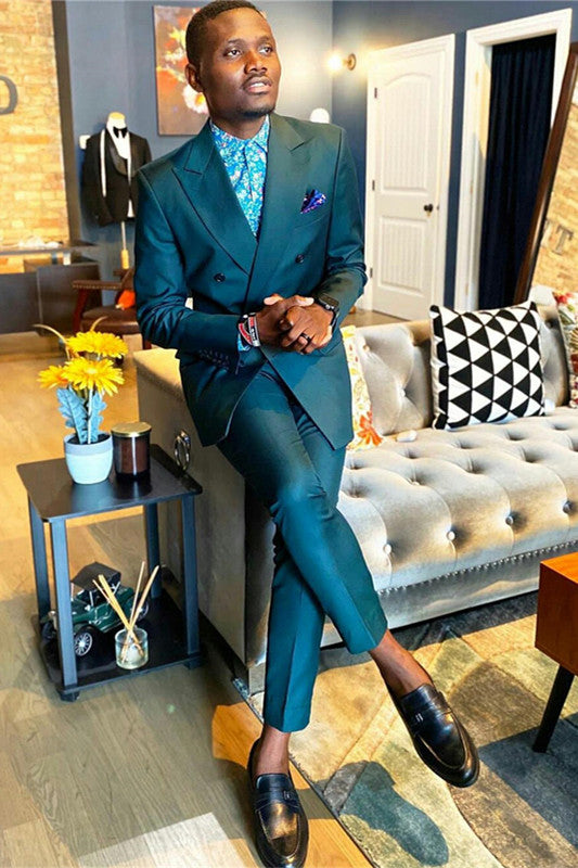 Koscy New Best-Fit Dark Green Double-Breasted Suit with Peaked Lapel for Party