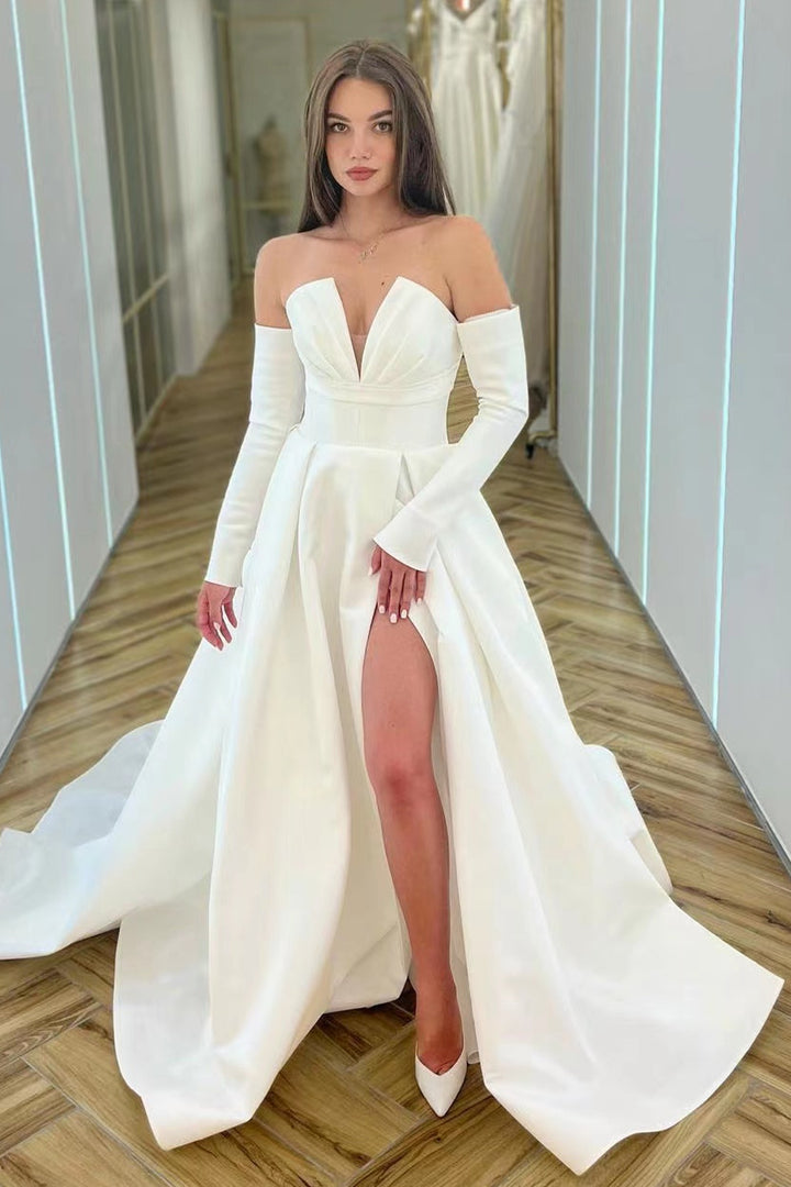 V-Neck A-Line Prom Dress With Split - White Long Sleeves
