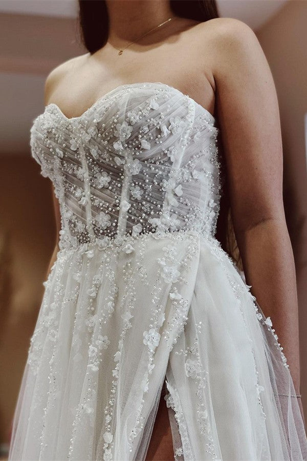 Bmbride Elegant Long A-line Sweetheart Tulle Lace Wedding Dress with Slit