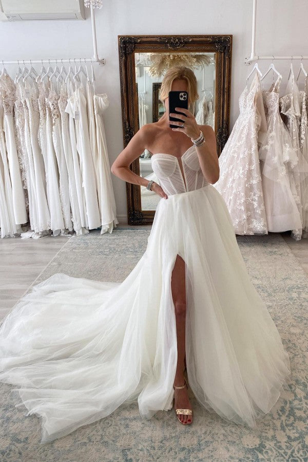 Bmbride Vintage Long Sleeves A-line Off the Shoulder Tulle Wedding Dresses with Slit